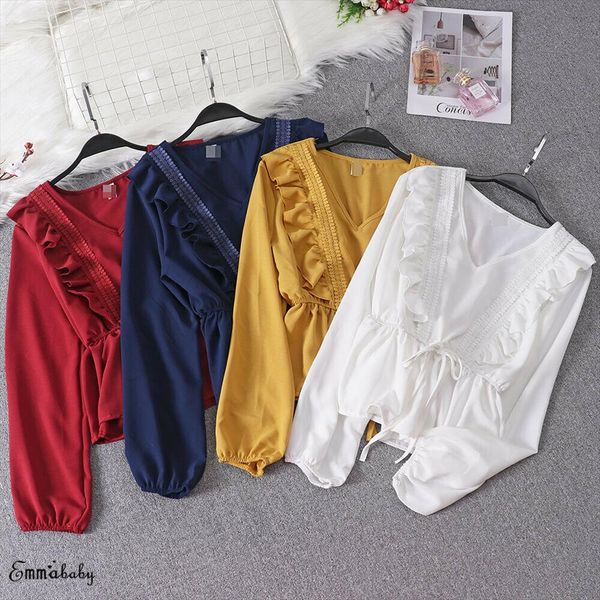 womens blouse v neck lace vintage spring blouse summer solid slim ruffles fashion shirt 5 colors, White
womens blouse v neck lace vintage spring blouse summer solid slim ruffles fashion shirt 5 colors, White