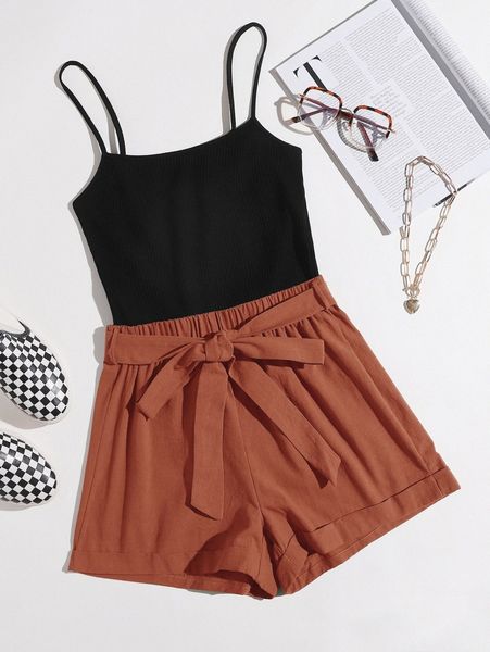 rolled hem belted combo cami romper o35l#, White