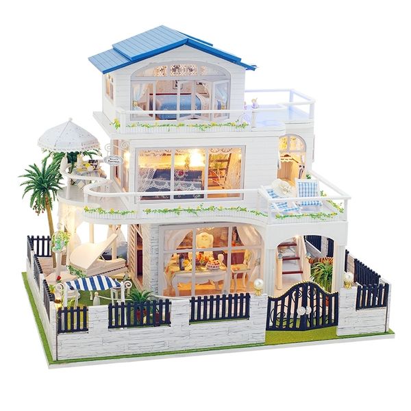 Assemble Diy Doll House Toy Wooden Miniatura Doll Houses Miniature Dollhouse Toys With Furniture Led Lights Kids Birthday Gifts Y200413