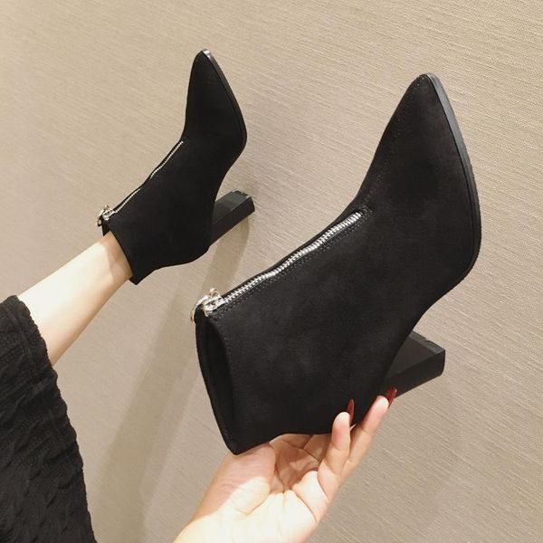 thick heel high heel short boots suede stretch boots 2020 winter models front zipper pointed toe women's, Black
thick heel high heel short boots suede stretch boots 2020 winter models front zipper pointed toe women's, Black