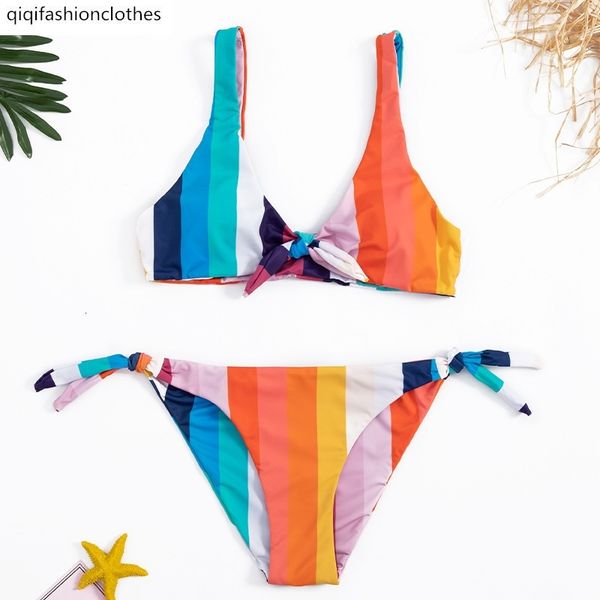2020 new rainbow stripe knot bikini swimsuit for women, White;black