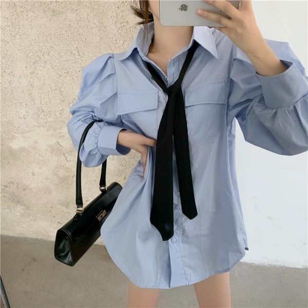 women's blouses & shirts autumn spring puff sleeve blouse shirt single breasted hollow out streetwear with tie, White
women's blouses & shirts autumn spring puff sleeve blouse shirt single breasted hollow out streetwear with tie, White