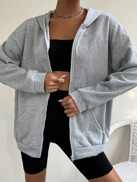 rhinestone wings pattern drop shoulder hoodie k67l#, White;black