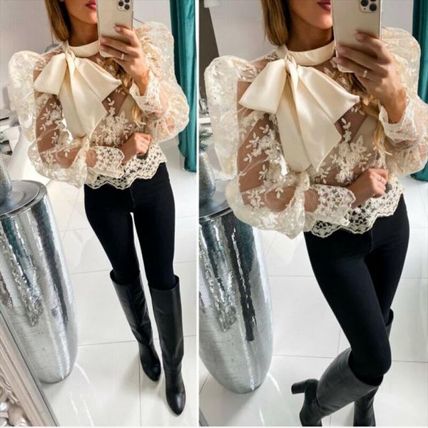 embroidery lace women blouses bow collar lantern long sleeve perspective shirts 2020 female fashion clothing tide, White
embroidery lace women blouses bow collar lantern long sleeve perspective shirts 2020 female fashion clothing tide, White
