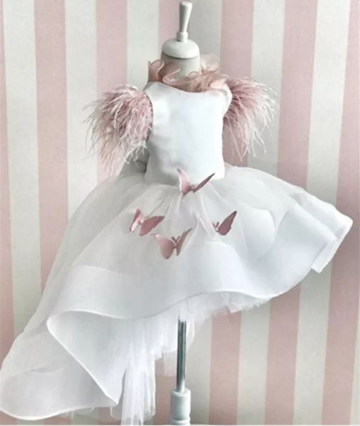 white high low flower girls dresses with feather cap sleeve sweep train pageant birthday party dresses custom made, White;blue
white high low flower girls dresses with feather cap sleeve sweep train pageant birthday party dresses custom made, White;blue