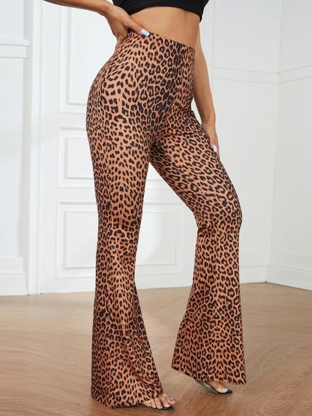 high waist leopard print flared leg pants g40m#, Black;white
