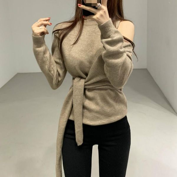 women's sweaters women chic irregular shoulder strapless pullovers elegant o-neck knitted drawstring slim waist lady knitwear coat, White;black
women's sweaters women chic irregular shoulder strapless pullovers elegant o-neck knitted drawstring slim waist lady knitwear coat, White;black