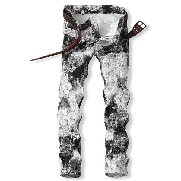 fashion white printed pattern men's jeans youth slim nightclub denim pants straight slim stretch striped wash ink painted jeans, Blue
fashion white printed pattern men's jeans youth slim nightclub denim pants straight slim stretch striped wash ink painted jeans, Blue