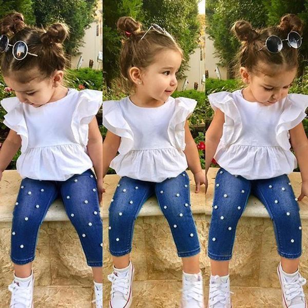fashion toddler kids baby girls solid short sleeve t-shirt +pearl denim pants jeans set girls outfits broadcloth clothes t200707, White
fashion toddler kids baby girls solid short sleeve t-shirt +pearl denim pants jeans set girls outfits broadcloth clothes t200707, White