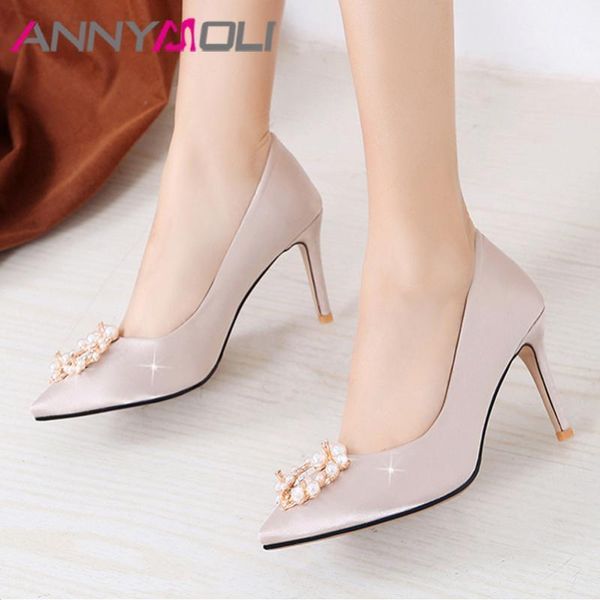 dress shoes annymoli high heels women silk thin wedding pearl pointed toe party pumps lady apricot red big size 33-431, Black 
dress shoes annymoli high heels women silk thin wedding pearl pointed toe party pumps lady apricot red big size 33-431, Black