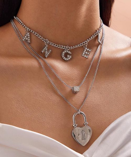 3 pcs/set shiny rhinestone angel letter choker necklace for female dice heart lock pendant necklace statement jewelry gift, Silver
3 pcs/set shiny rhinestone angel letter choker necklace for female dice heart lock pendant necklace statement jewelry gift, Silver