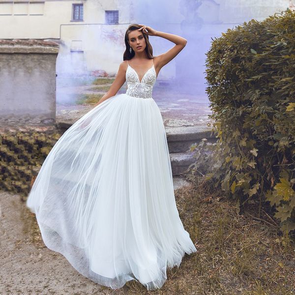 2021 new v neck illusion wedding vestido de noiva spaghetti straps pleats lace applique tulle backless bridal es fdzn, White
2021 new v neck illusion wedding vestido de noiva spaghetti straps pleats lace applique tulle backless bridal es fdzn, White