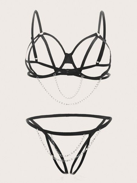 plus cut-out chain decor underwire lingerie set l61b#, Black;white
plus cut-out chain decor underwire lingerie set l61b#, Black;white