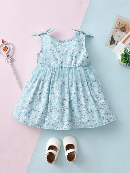 baby floral print bow shoulder dress she, Red;yellow