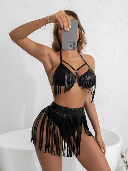3pack pu fringe detail ring linked bikini swimsuit & beach skirt s9za#, White;black
3pack pu fringe detail ring linked bikini swimsuit & beach skirt s9za#, White;black