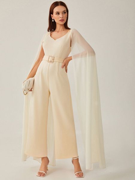 contrast mesh cloak sleeve pearl beaded belted jumpsuit q94l#, White
contrast mesh cloak sleeve pearl beaded belted jumpsuit q94l#, White