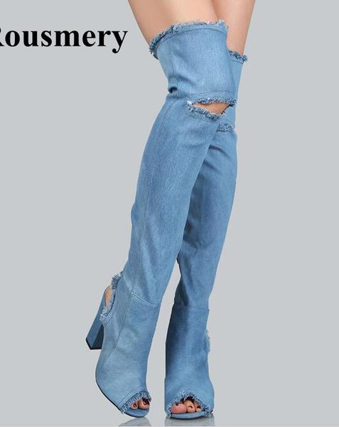 women fashion open toe over knee thick heel denim boots cut-out long square high heel chunk boots fashion dress shoes, Black
women fashion open toe over knee thick heel denim boots cut-out long square high heel chunk boots fashion dress shoes, Black