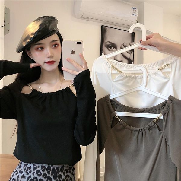 women's t-shirt fashion metal chain hollow solid color long sleeved slim bottoming shirt, White
women's t-shirt fashion metal chain hollow solid color long sleeved slim bottoming shirt, White