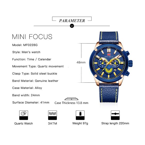 Mini Focus Brand Luxury Quartz Watch Men Sport Auto Date Leather Strap Wristwatch Fashion Analog Clock Male Waterproof Hours