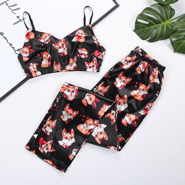 2021 strap fox pajamas print summer two piece set and sleepwear satin women v neck nightwear pattern, Black;white 
2021 strap fox pajamas print summer two piece set and sleepwear satin women v neck nightwear pattern, Black;white