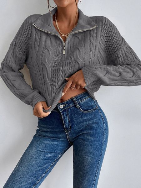 half zip drop shoulder cable knit sweater x6lk#, White
half zip drop shoulder cable knit sweater x6lk#, White