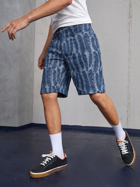 men feather print washed denim shorts z8mx#, Blue
men feather print washed denim shorts z8mx#, Blue