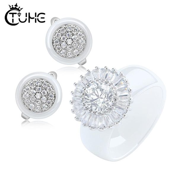 new bling iced out big crystal ceramic jewelry set for women never fade healthy women fashion rings earrings plus size 6-12, Silver