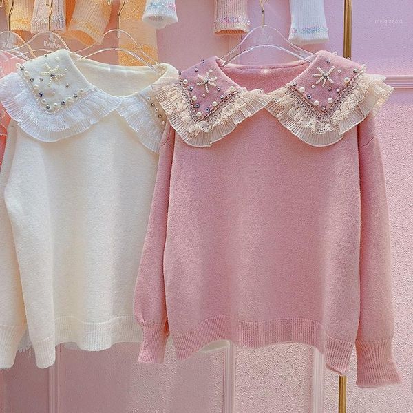 women 2021 autumn winter turn-down collar pullovers female casual loose beaded knitted sweater ladies long sleeve jumpers e1381, White;black
women 2021 autumn winter turn-down collar pullovers female casual loose beaded knitted sweater ladies long sleeve jumpers e1381, White;black