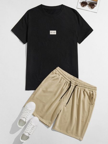 men patched tee & drawstring waist track shorts s1pv#, Gray