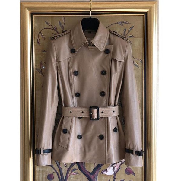 women's leather & faux sheepskin genuine clothes short style double breasted slim-fit jacket small trench coat famous classic, Black
women's leather & faux sheepskin genuine clothes short style double breasted slim-fit jacket small trench coat famous classic, Black