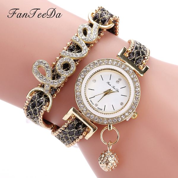 Luxury Fanteeda Brand Women Bracelet Watches Ladies Love Leather Strap Rhinestone Quartz Wrist Watch Luxury Fashion Quartz Watch Fashion