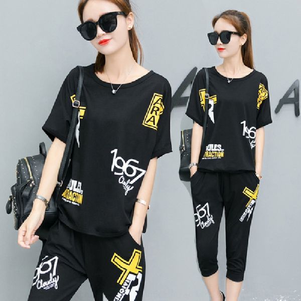two piece summer sports women's korean fat mm casual running short sleeve capris fashion two-piece suit suit suit, Gray 
two piece summer sports women's korean fat mm casual running short sleeve capris fashion two-piece suit suit suit, Gray