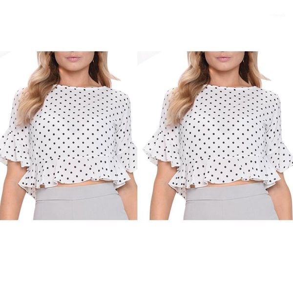 women summer flounce short sleeves blouse ladies elegant polka dot print loose casual shirt1, White
women summer flounce short sleeves blouse ladies elegant polka dot print loose casual shirt1, White