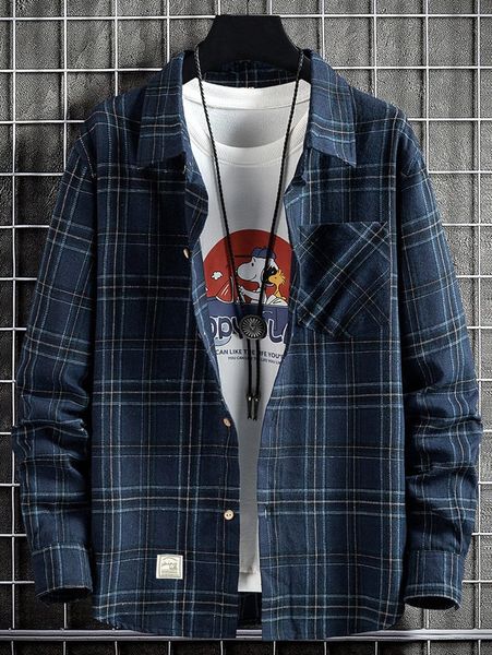 men plaid print patch detail flannel shirt without tee z5ii#, White;black 
men plaid print patch detail flannel shirt without tee z5ii#, White;black