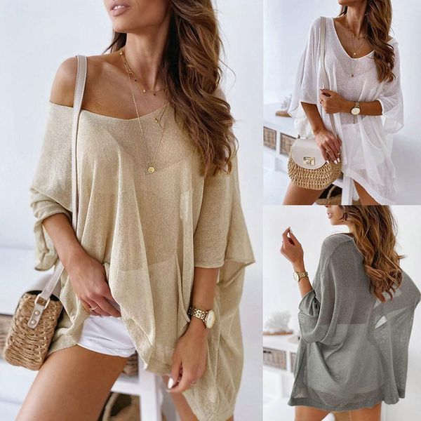 women's blouses & shirts autumn2021 fashion summer solid color see through round neck half sleeve batwing women blouse sun protection s, White
women's blouses & shirts autumn2021 fashion summer solid color see through round neck half sleeve batwing women blouse sun protection s, White