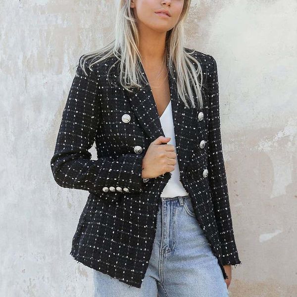 plaid tweed double breasted women long sleeve turn down collar slim jacket coat elegant office women jackets1, Black;brown 
plaid tweed double breasted women long sleeve turn down collar slim jacket coat elegant office women jackets1, Black;brown