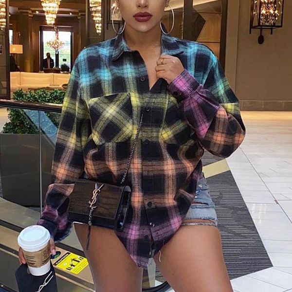 women's blouses & shirts women casual long sleeve button down plaid printed turn collar blouse, White
women's blouses & shirts women casual long sleeve button down plaid printed turn collar blouse, White