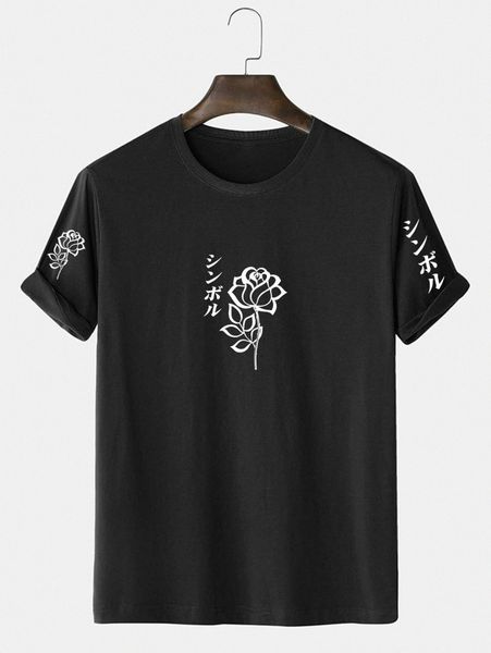 men japanese character and floral print tee m3be#, White;black