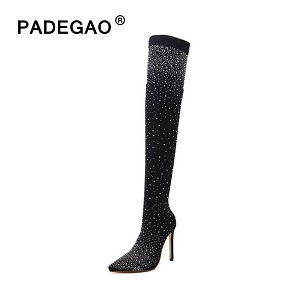 women glitter crystal boots over the knee sock boots ladies pointed toe high heels woman pumps for party female shoes plus size, Black
women glitter crystal boots over the knee sock boots ladies pointed toe high heels woman pumps for party female shoes plus size, Black
