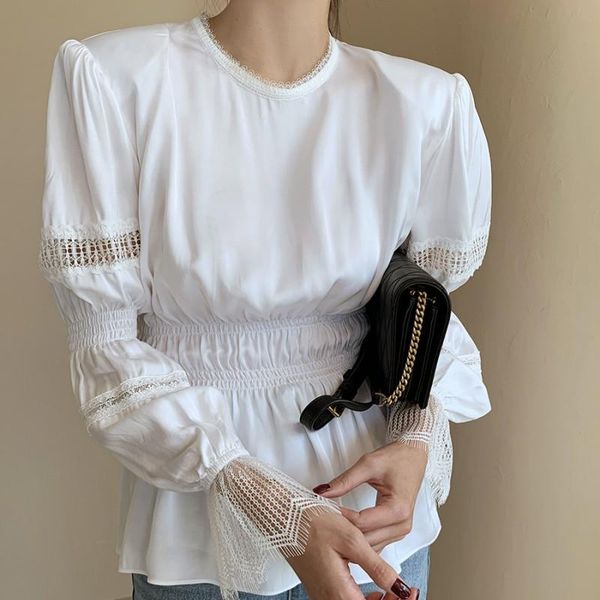 solid color women blouse hollow out lace patchwork flare sleeve slim waist o-neck spring autumn chiffon elegant, White
solid color women blouse hollow out lace patchwork flare sleeve slim waist o-neck spring autumn chiffon elegant, White