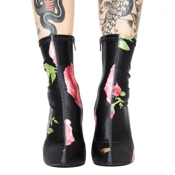 big size 48 stretch fabric floral print pointed toe women short booties concise side zipper thin high heel ankle boot for ladies1, Black
big size 48 stretch fabric floral print pointed toe women short booties concise side zipper thin high heel ankle boot for ladies1, Black