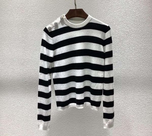 women's sweaters 100% cashmere brand fashion women high luxury autumn winter vintage button embellished striped sweater, White;black
women's sweaters 100% cashmere brand fashion women high luxury autumn winter vintage button embellished striped sweater, White;black