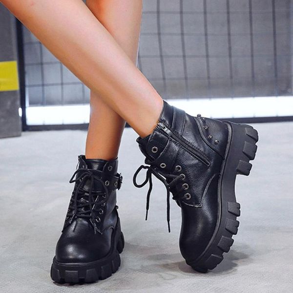 women's ankle platforms booties winter zipper punk belt buckle rivets cool lace up pu leather single motorcycle boots femme, Black
women's ankle platforms booties winter zipper punk belt buckle rivets cool lace up pu leather single motorcycle boots femme, Black