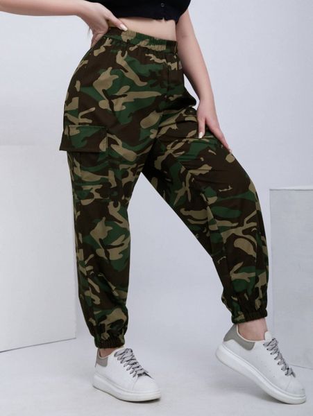 plus camo print flap pocket side pants f3nj#, Black