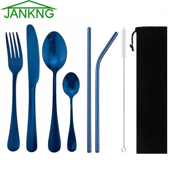 jankng light portable mirror blue dinnerware flatware set stainless steel silverware with bag reusable utensils straw dinner set1
jankng light portable mirror blue dinnerware flatware set stainless steel silverware with bag reusable utensils straw dinner set1