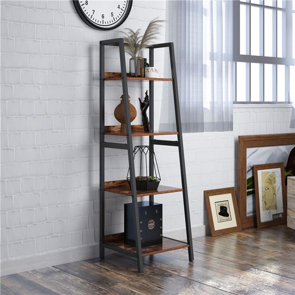 Us Stock 4 Shelf Ladder Bookcase Industrial Bookshelf Wood And Metal Bookshelves Plant Flower Stand Rack Book Rack Storage Shelves