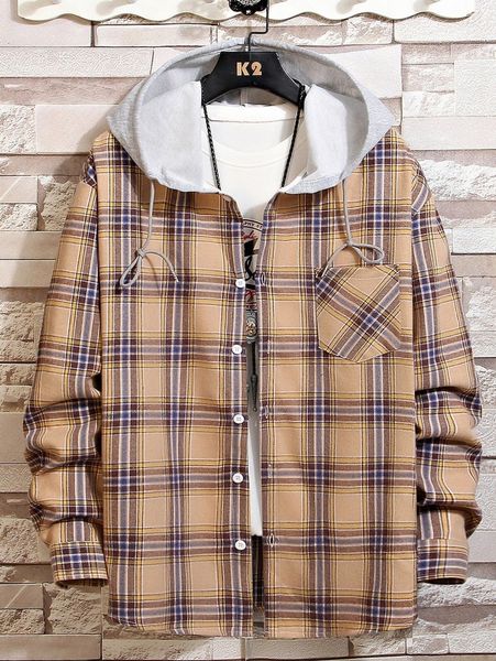 romwe guys plaid pocket button front hooded shirt z7kr#, White;black