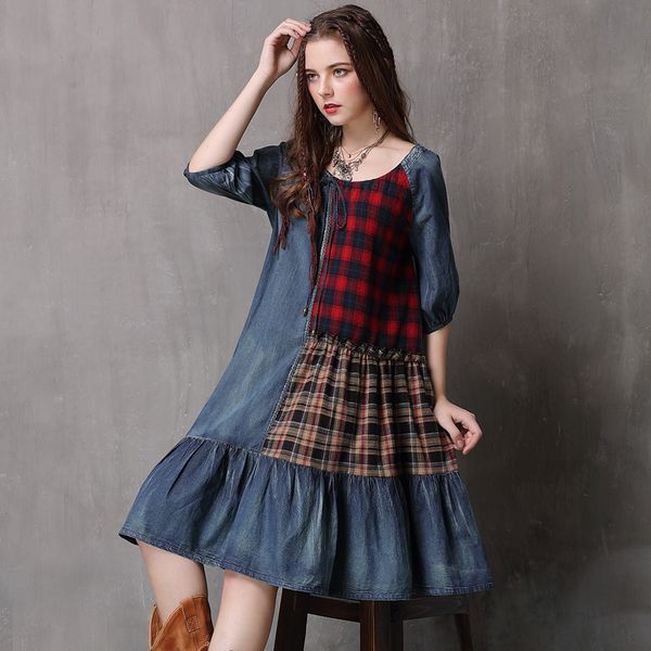 women's autumn 2021 black friday new plaid patchwork denim skirt medium sleeve oversize dress a82073, White
women's autumn 2021 black friday new plaid patchwork denim skirt medium sleeve oversize dress a82073, White