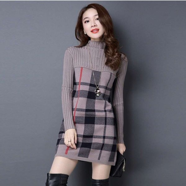 autumn and winter new women's sweater long sleeve patchwork plaid dress korean medium length half high collar knitting, White;black
autumn and winter new women's sweater long sleeve patchwork plaid dress korean medium length half high collar knitting, White;black
