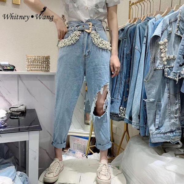 women's jeans whitney wang 2021 spring summer fashion streetwear high waist sashes pearls beading holes women ripped denim pants1, Blue
women's jeans whitney wang 2021 spring summer fashion streetwear high waist sashes pearls beading holes women ripped denim pants1, Blue